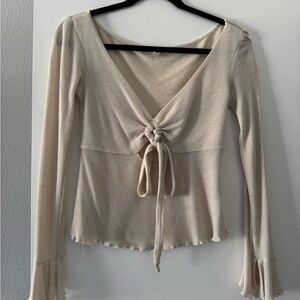 Free People Cream Long Sleeve Knit Top